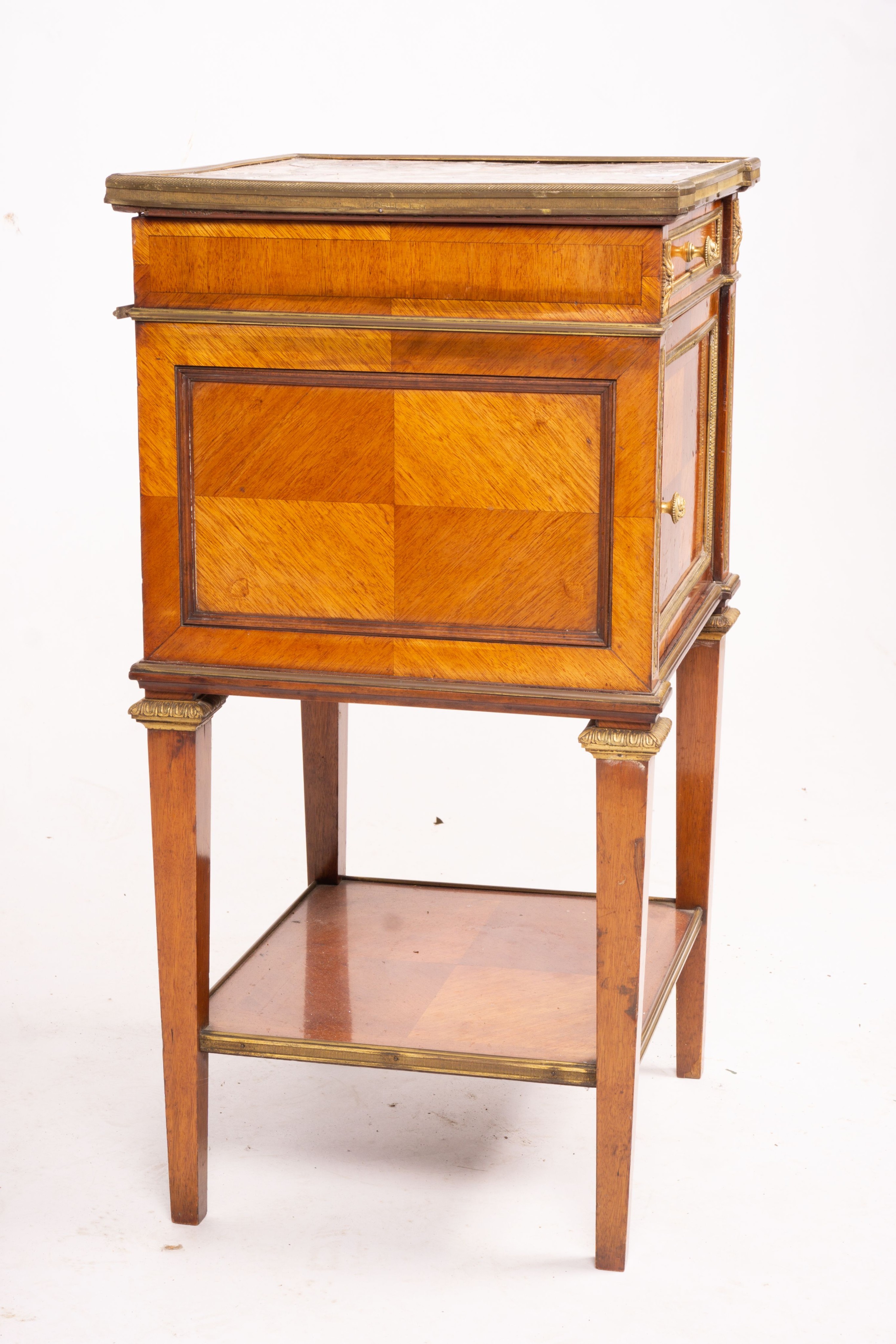 An early 20th century French marble top mahogany bedside cabinet, width 42cm, depth 38cm, height 75cm